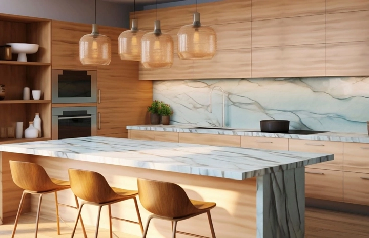 Happy family of four in the kitchen